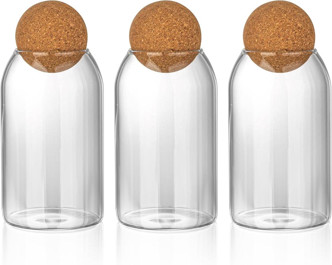 Glass Storage Jars, 3 Pcs, 800ML/27Oz - Sealed With Cork Ball Lids, Airtight Round Bottles for Coffee Beans & Nuts, Containers With Wooden Lids