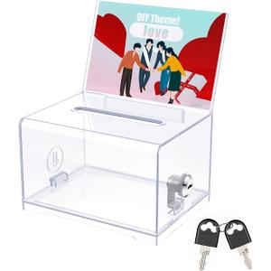 Uniclife 1 Pack Acrylic Donation Box with Lock and Sign Holder Clear Ballot Boxes with Slot Plastic Suggestion Box Storage Container for Fundraising Voting Charity Tip Collection, 6.2" x 4.7" x 4" ( Clear)