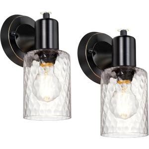 Wall Sconces Set of 2 - Matte Black Vanity Lights for Bathroom Modern Wall Light Fixtures with Rotary Switch - Wall Mount Light with Hammered Glass,Farmhouse Wall Lamp for Bedroom Mirror Living Room