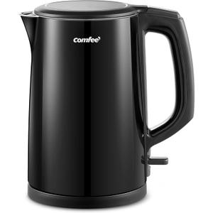 COMFEE' Electric Kettle and Tea Kettle, 1.5L Double Wall, Stainless Steel Interior, Lid & Spout, Fast Boil, Auto-Off, and Boil-Dry Protection, 1500W (1.6 Quarts, Metal Black)
