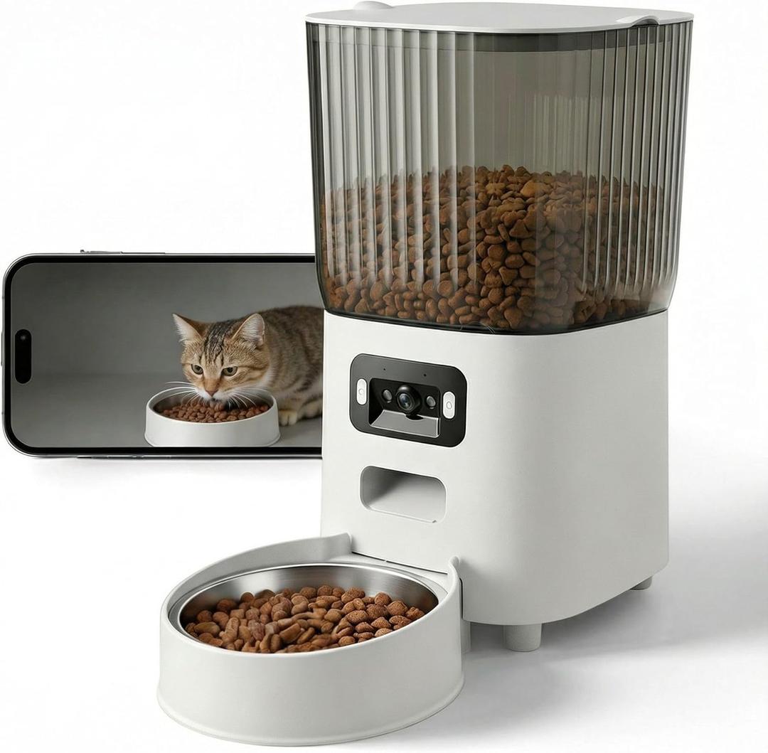 Automatic Cat Feeder with Wide-Angle Camera, 5L Smart Dog Food Dispenser, App Control, 1080P Night Vision,Motion Detection, Two-Way Audio, Large Hopper, Feeding Timer (Single-Bowl pro)