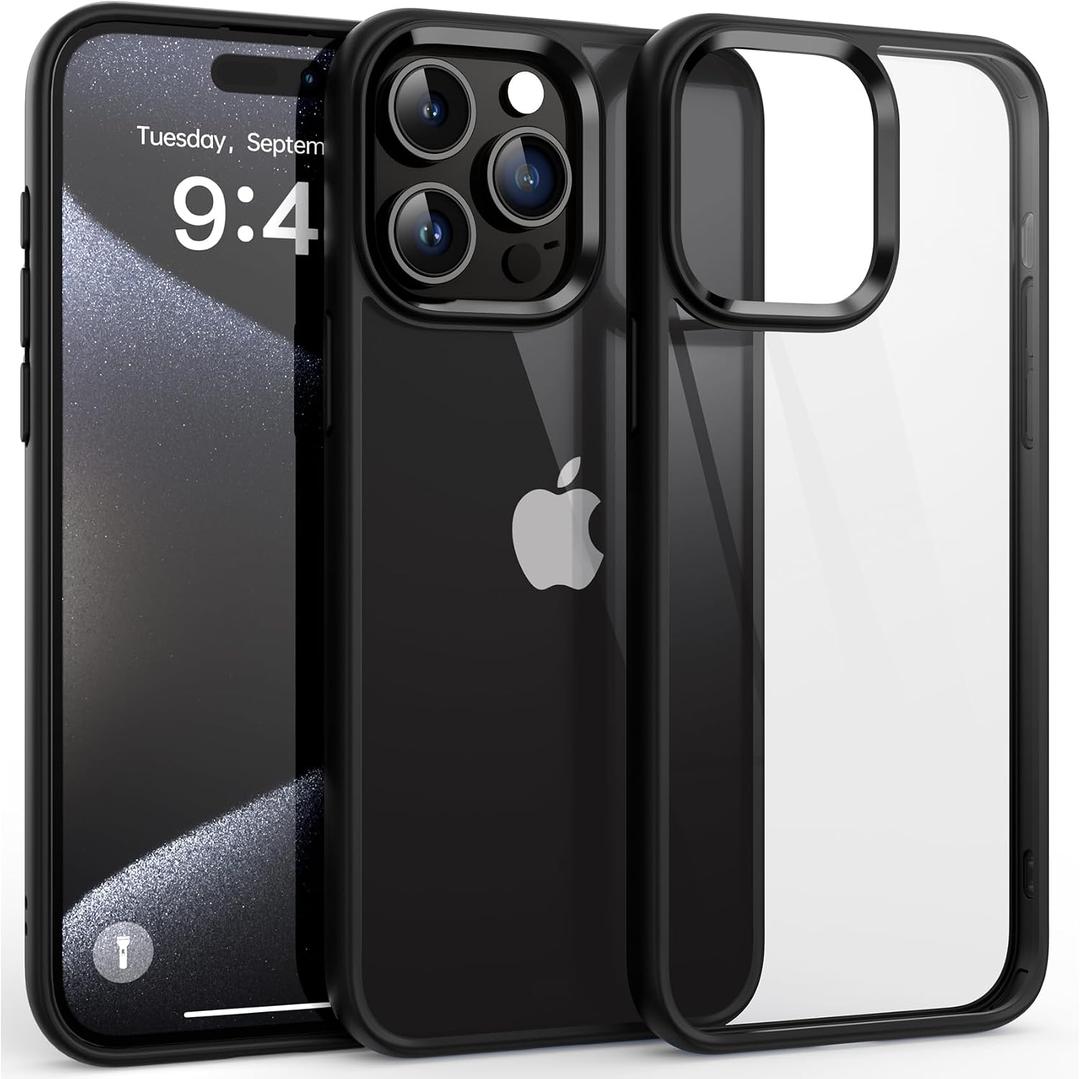 Supdeal Shockproof Clear Case for iPhone 15 Pro, [Not Yellowing] [10FT Military Drop Protection] Hard Clear Back Four Corner Airbags Drop Protection Phone Cover, 6.1 inch, Black