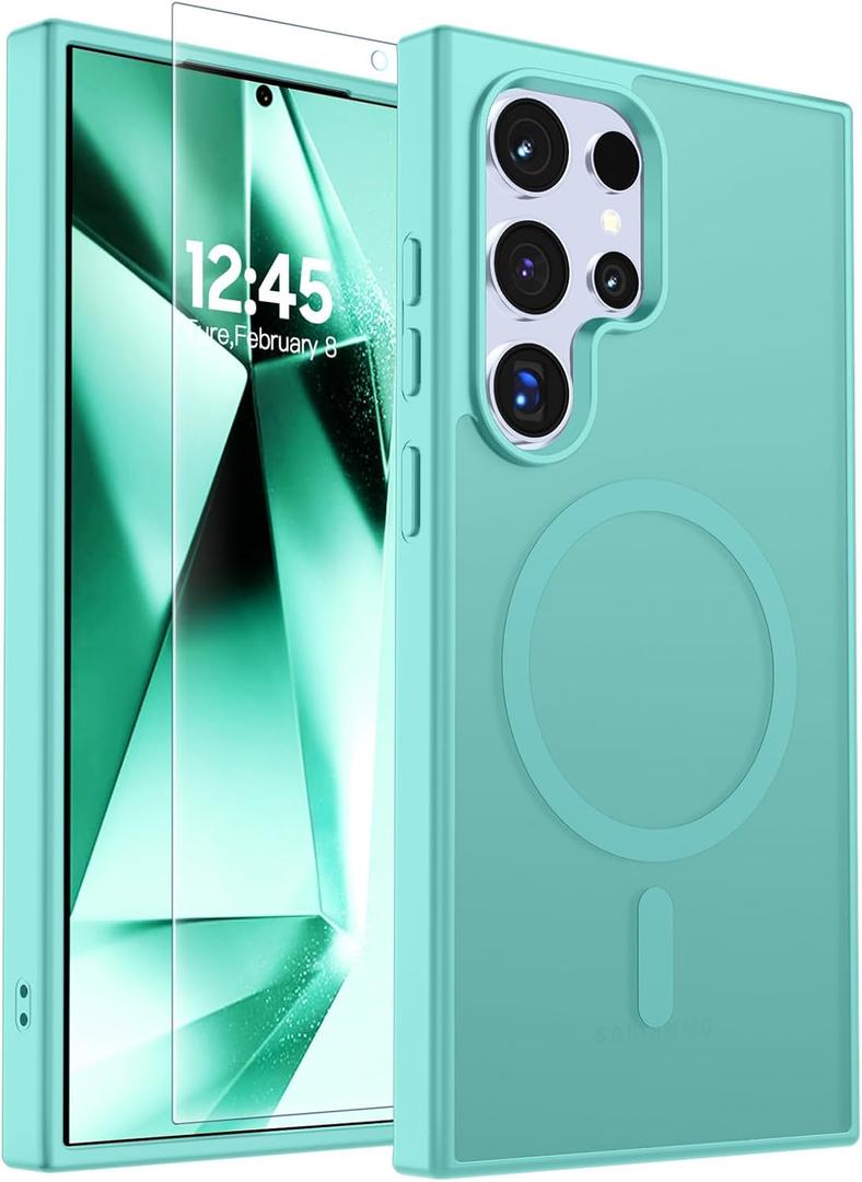 SUPFINE Magnetic for Samsung Galaxy S24 Ultra Case with Screen Protector, (Built-in Magnets) (Military Grade Drop Protection) Slim Translucent Shockproof Phone Case,Blue Green