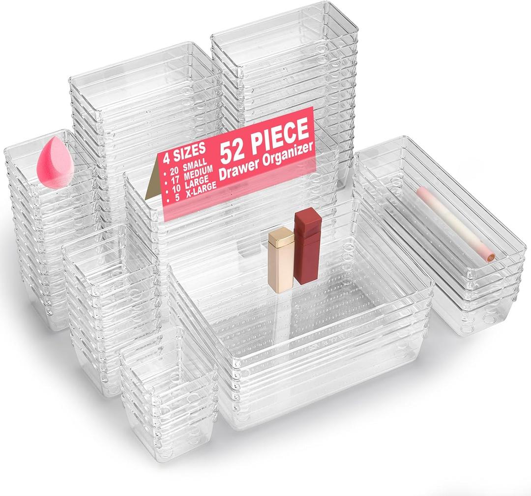 52-Piece Clear Plastic Drawer Organizers Set - 4 Sizes Bathroom & Dresser Storage Bins, Stackable Kitchen Desk Organizer Trays for Makeup, Jewelry, Utensils, Junk, Gadgets