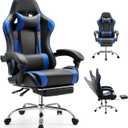 DUMOS Ergonomic Gaming Office Desk Chair with Linkage Armrests for Adults, Height Adjustable Computer Chair with Footrest and Headrest, PU Leather 360 Swivel Recliner with Lumbar Support, Deep Blue