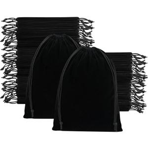 Velvet Drawstring Gift Bags - Bulk Wholesale (7 x 9 inch - 50 pack, Black)