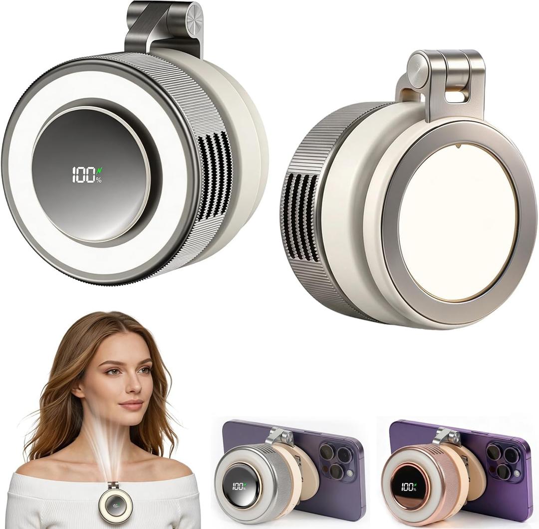 hepanio Clip On Fan,Small Fan Clip on for Shirt & Waist 3 in 1 Portable Silent Mini Bladeless Fan Magnetic Phone Fan Magsafe Compatible with Fill Light,Clip & Desktop Dual Use,360 Clip On Fan