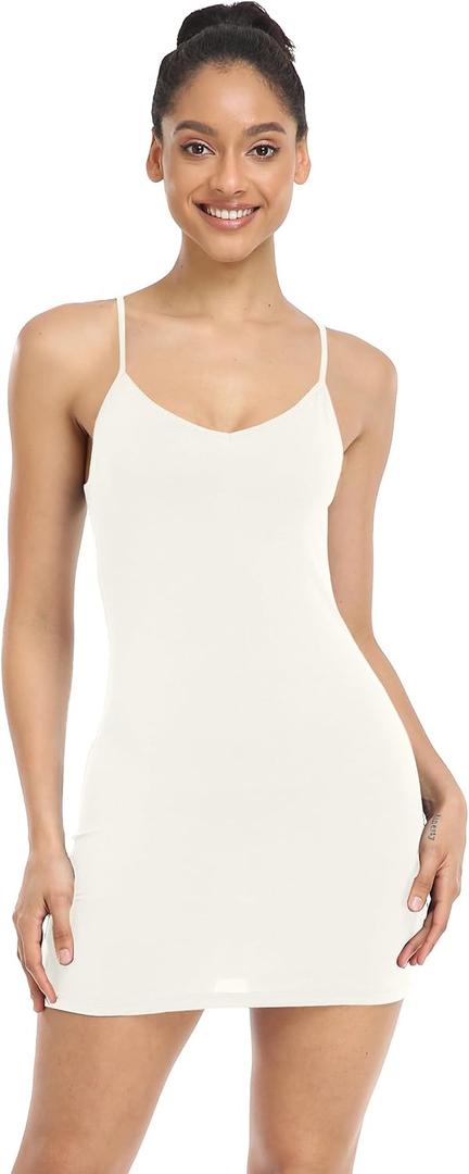 Qaffier Full Slips Dress for Women Adjustable Spaghetti Strap V Neck Under Dress Camisole Mini Slip Dress (White, M)