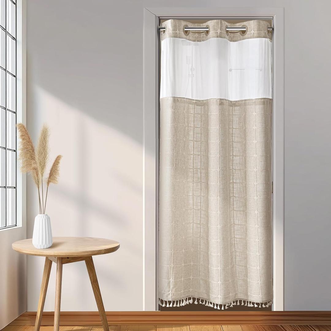 River Dream Linen Farmhouse Shower Curtain with Snap-in Liner, No Hooks Needed,with Magnets,with Tassels,Water Repellent&Machine Washable,36x74Inch