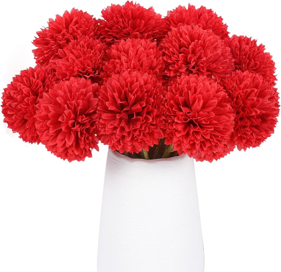 12 Pcs Artificial Chrysanthemums Flowers Silk Red Ball Flowers Fake Mums Flowers for Christmas Wedding Floral Table Centerpiece Home Decor (12, Red)