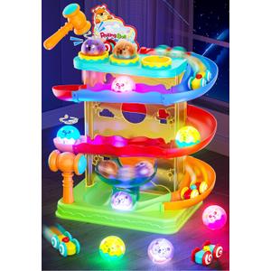 2-in-1 Rolling Ball & Car Ramp Race Track for Toddlers, Hammer Ball Drop Toy for Boys & Girls, Interactive Playset w/Sensor Lights - Montessori STEM Learning Toys for Kids 1-5+ Year Old