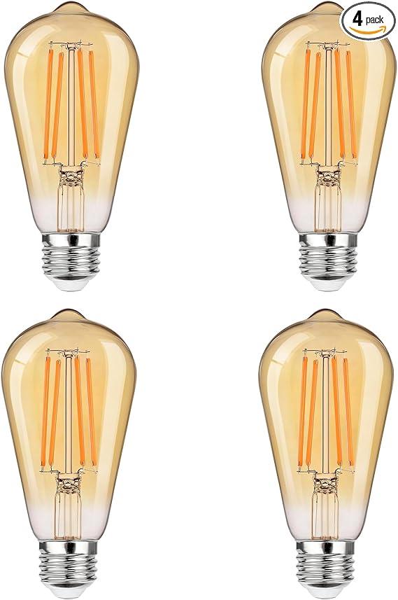 HWH ST58 Dimmable Light Bulb Pack of 4, 6W LED Edison Bulb Equivalent 60W, 600LM 3000K Warm White Light, Amber Glass, CRI 80+, H-ST58-LED-6W-A