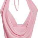 SweatyRocks Women's Sexy Y2k Glitter Halter Crop Tops Low Cut Going Out Top with Rave Micro Crop 2 Piece Outfits (Pink, XS)