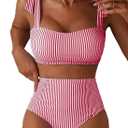 Herseas Women's Tie Shoulder Bikini Sets 2 Piece Striped Swimsuits High Waisted Bathing Suits (Red, M)