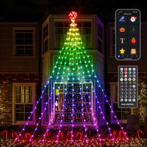 16.4FT Smart RGB Christmas Waterfall Lights with Star, APP & Remote Control, DIY Custom Light Show & Music Sync, Timer, 245 LEDs Color Changing Outdoor Decor for Xmas, Yard, Party