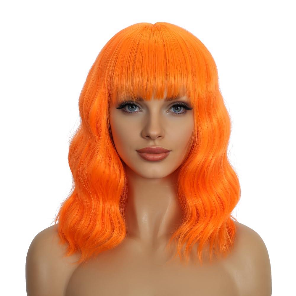 Orange Wigs with Bangs for Women 14 Inch Short Wavy Bob Wigs With Bangs Synthetic Bob Wig Curly Wig Heat Resistant Colorful Wavy Wig Cosplay Wigs