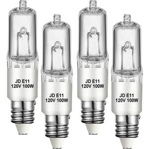 JDE11 120V 100W Halogen Mini Candelabra Bulbs,T4 100W JD E11 Bulb 4 Pack (Replacement E11 LED Bulb) 2700K Warm White Dimmable Halogen Bulb T4 for Ceiling Fan Light,Chandeliers,Table Lamps