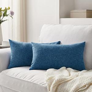 Meekio Set of 2 Blue Pillow Covers 12 x 20 Inch Farmhouse Boho Decorative Throw Pillow Covers Linen Cushion Covers for Sofa Couch Décor