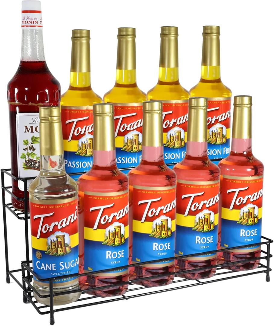 Coffee Syrup Organizer Rack, 2 Tier Coffee Syrup Stand Holder for Coffee Bar, 10 Bottles Wine Bottle Holder, Coffee Station Organizer Storage Shelf for Cocktail, Dressing, Coffee Bar Accessories