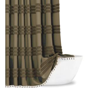 Inhousolu Woven Fabric Shower Curtain, 256GSM, Boho Tufted Textured Striped Tassel, Wrinkle Free, Modern Farmhouse Minimalist, Water-Repellent Cloth Bath Curtain for Bathroom 72" W x 72" L Beige