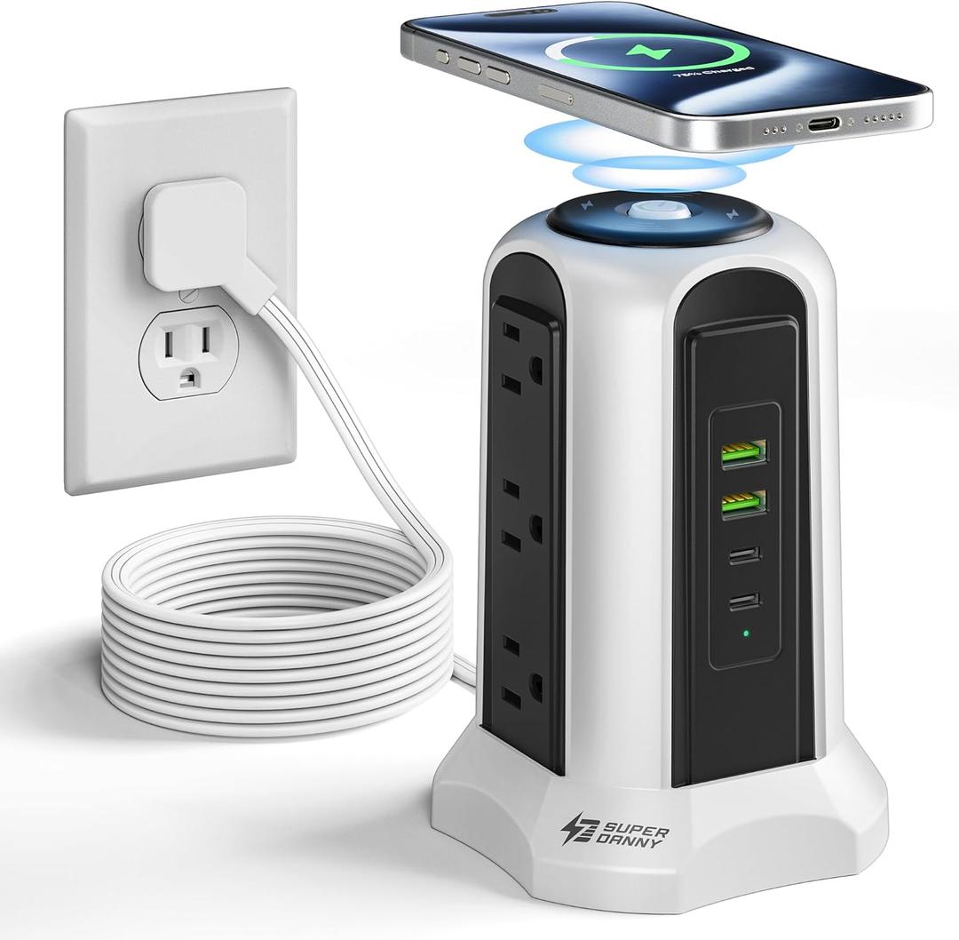 10ft Power Strip Tower Wireless Charger SUPERDANNY Surge Protector Extension Cord 10A 9-Outlet 4.5A 4 USB Electrical Charging Station Universal Socket for Laptop Phone White and Gray (Grey)