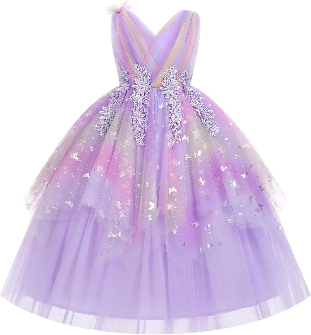 IDOPIP Flower Girl Sequin Butterfly Dress for Kids Wedding Bridesmaid Pageant Party Formal Long Lace Maxi Gown Big Princess Birthday Communion Prom Handkerchief Puffy Tulle Dresses Purple 5-6 Years