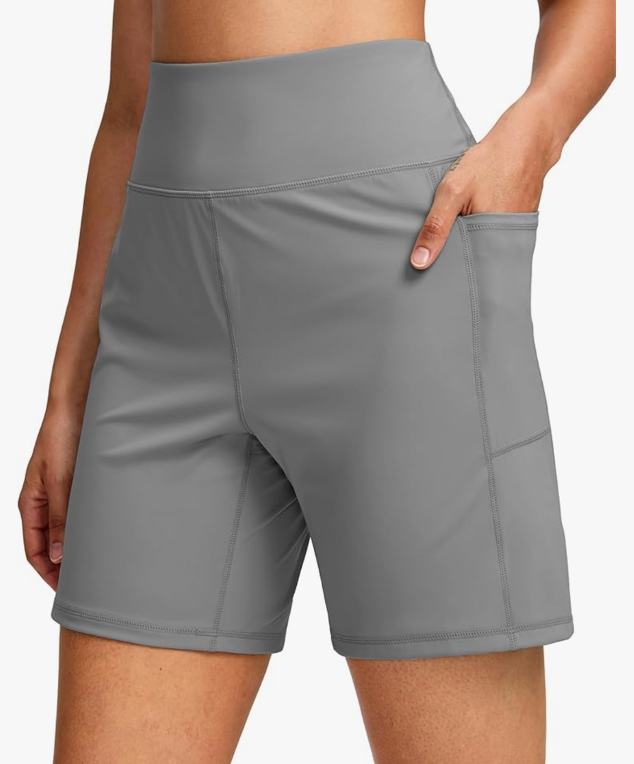 G Gradual Women's 7'' Athletic Long Shorts with Pockets High Waisted Stretch Bermuda Shorts for Women Walking Workout Casual(Grey M)