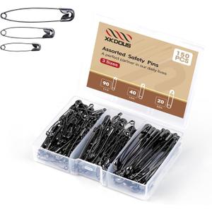 XKDOUS Safety Pins - 150 Pcs Assorted Sizes Black Pins Bulk - Small & Large Heavy Duty for Clothes, Sewing, Craft