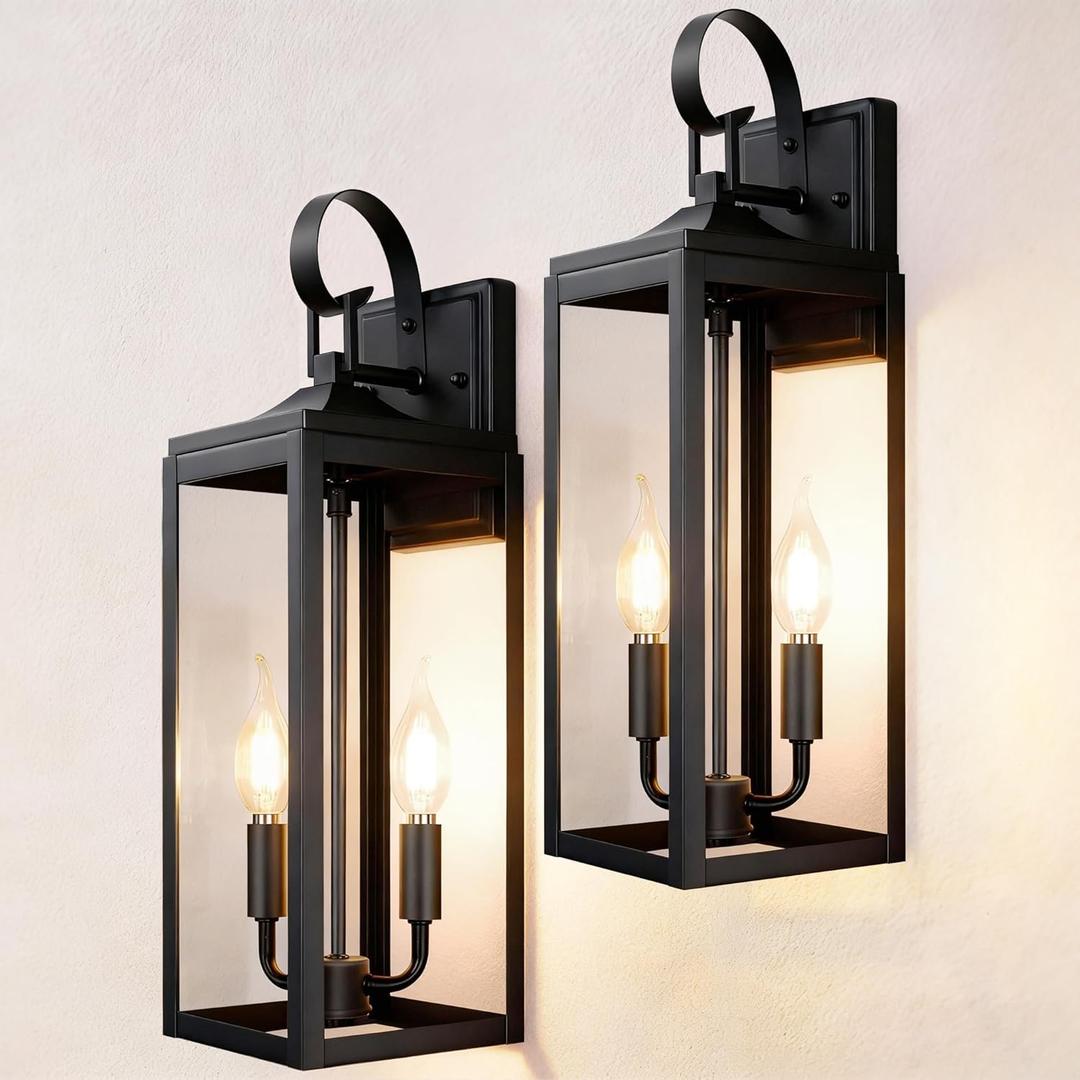 OKELI 17.6" 2-Pack Outdoor Wall Light Fixture, Large Exterior Porch Lighting 2-Light Farmhouse Outside Lantern Lights with Clear Glass Waterproof Wall Sconces Lamp for House Garage