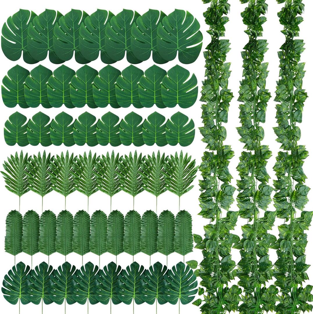 XunYee 84 Pcs Artificial Jungle Vines Tropical Leaf Garland and Monstera Palm Leaves Jungle Decoration Set, Fake Ivy Vines Green Greenery Faux Leaves for Baby Shower Safari Tropical Party Decoration
