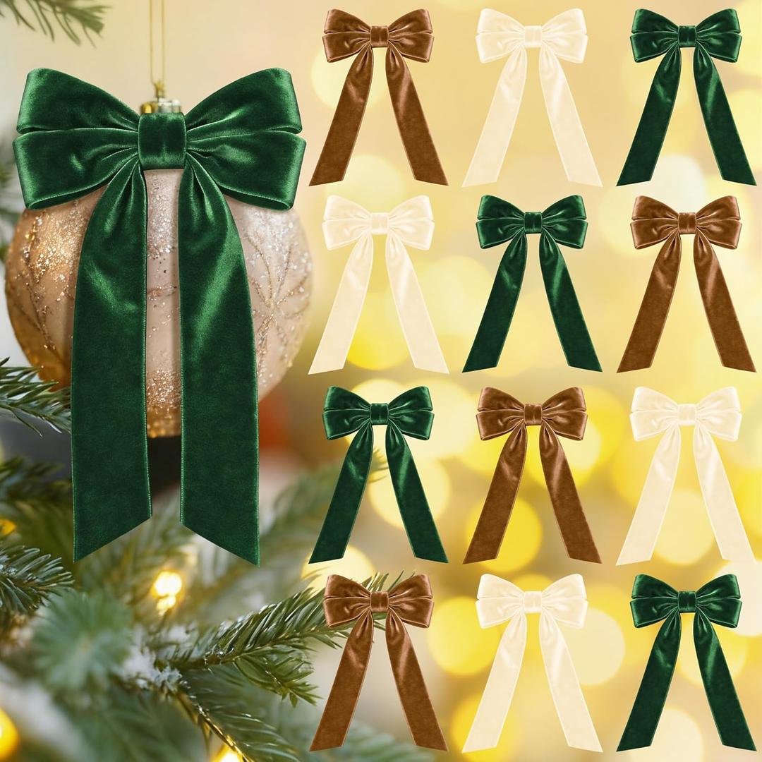Aneco 12 Pcs Velvet Bows Christmas Ribbon Bow Tree Ornaments Vintage Xmas Bows for DIY Crafts Gift Wrapping Hair Garland Wreath Floral Holiday Door Decorations (9 x 13 Inch, Beige, Brown, Dark Green)