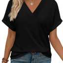 WIHOLL Plus Size Spring Clothes for Women 2025 Summer BlousesTrendy Short Sleeve Shirts V Neck Tops Black 3XL