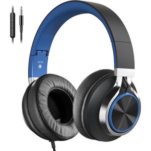 AC01 Over-Ear Headphones Wired, Passive Noise Isolating Corded Stereo Headsets with Mic Volume Control for Adults Teens 3.5mm for Chromebooks, Laptop, Computer, Tablets, Travel (Black Blue)