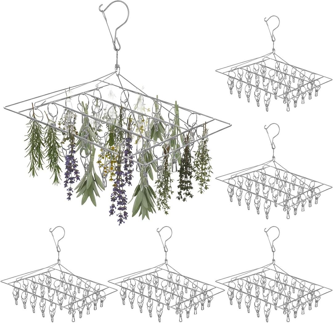 6 Pcs Stainless Steel Clothing Drying Rack, Hanging Drying Rack with Clips, Foldable Swivel Dryer Windproof Hook for Plants Flowers Towel Lingerie Sock Laundry