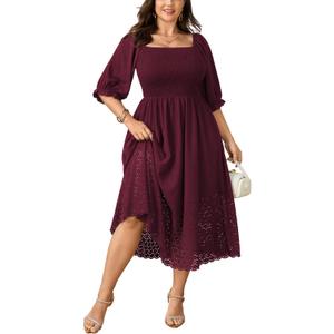 SCOMCHIC Women's Plus Size Maxi Dress Short Sleeve Square Neck Hollow Out Smocked Flowy A-Line Boho Wedding Guest Dresses (XXXL)