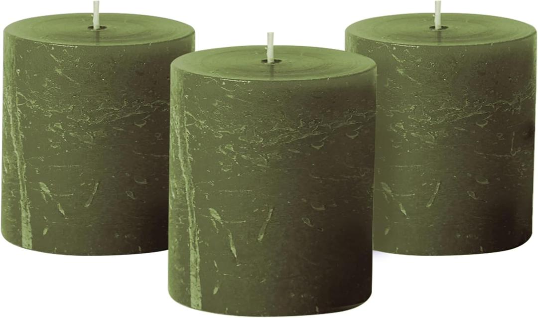 Simply Soson 3x3 inch Dark Moss Green Pillar Candles Set of 3, Rustic Texture, Unscented Green Candles, Dripless Candles, 3 inch Pillar Candles for Wedding Parties Spas Dinner Home Decoration Church