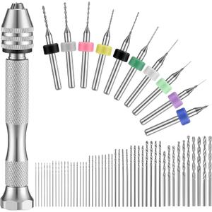 Zhehao 59 Pieces Hand Drill Bits Set Include 49 Pcs Metal Pin Vise Hand Drill Micro Mini Twist Bits and 10 Pcs Tungsten Carbide PCB Rotary Tools for Resin Polymer DIY Jewelry Making Carving(Silver)
