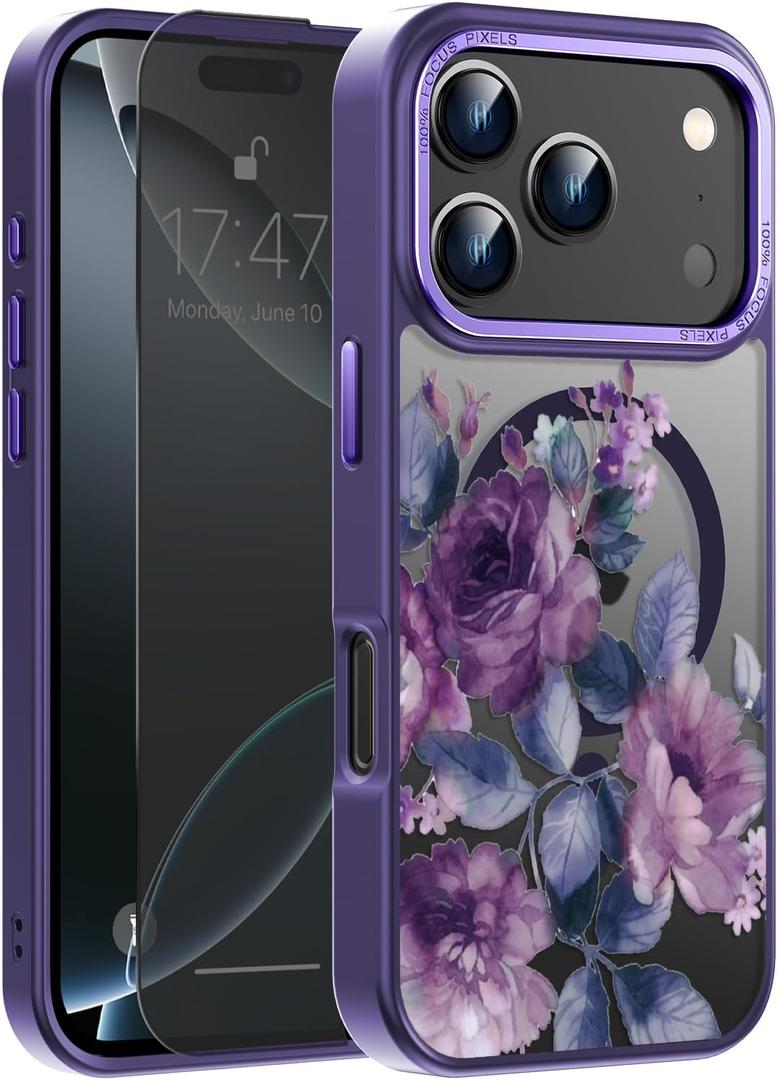 FUNMIKO for iPhone 17 Pro Max Case with Privacy Screen Protector, Wireless Charging Compatible, Shockproof Translucent Matte Cover - Cute Floral Design Phone Case for Women Girls - Purple Blossoms