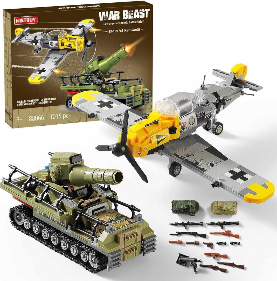 WW2 Military Toys Building Sets Compatible with Lego, Create a BF109 Plane Fighter Jet & a Karl Giant Mortar Tank, Great WWII Army Airplane Toy for Boys and Kids Age 8-12