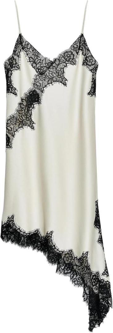 Women's Satin Lace Dress Asymmetric Cocktail Mini Dress Layering Essentials Elegant Dresses Date Night Outfits, Large