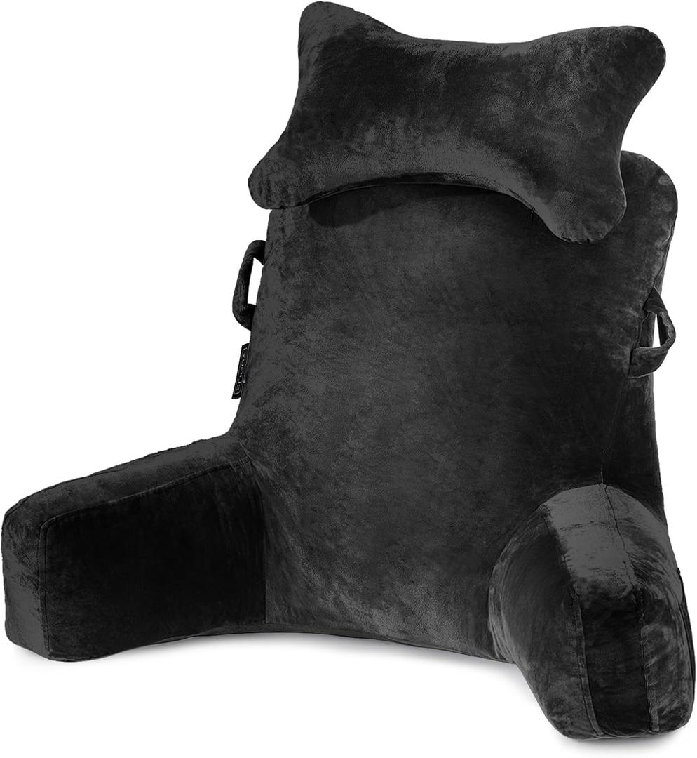 SLIGUY Reading Pillow-Bed Rest Pillow with Detachable Neck Roll & Higher Support Arm for Sitting in Bed Couch or Floor-Backrest Reading Pillow Adult Back Pillow for Reading/Watching TV/Gaming,Black (Medium)