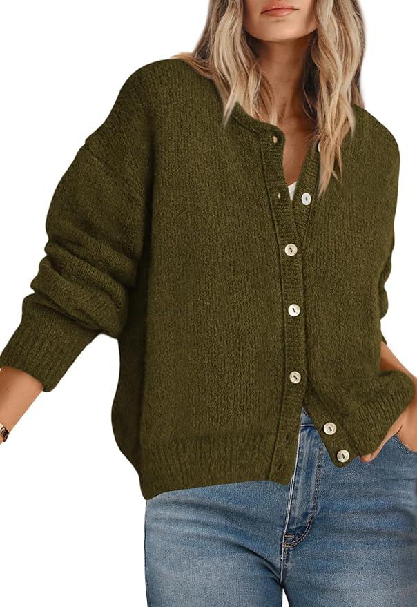 Long Sleeve Crewneck Button Down Womens Sweaters Spring Open Front Chunky Cardigan Sweaters for Women 2026, Army Green, L