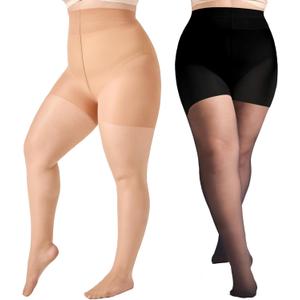 2 Pairs Plus Size Control Top Pantyhose Ultra-High Waist Tights 40D Sheer Shaping Support Stockings, (Black+Natural, 3XL-4XL)