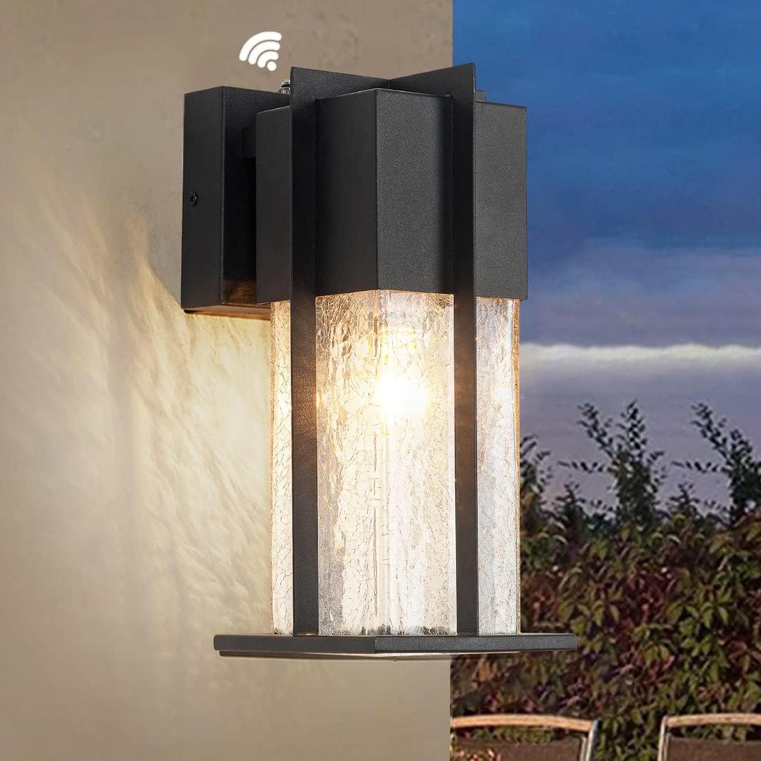 Dusk to Dawn Wall Light, Modern Outdoor Wall Lighting with Crackle Glass, Exterior Wall Mount Light Fixture with Sensor, Outdoor Lights for House, Garage, Front Door Light, Black
