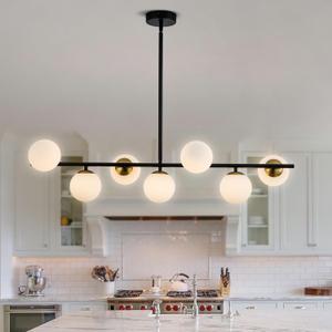 HuisMier 7 Lights Modern Sputnik Chandelier Mid Century Black and Brass Linear Pendant Light Fixture, Farmhouse White Glass Globe Chandelier for Dining Room Kitchen Living Room Bedroom Foyer