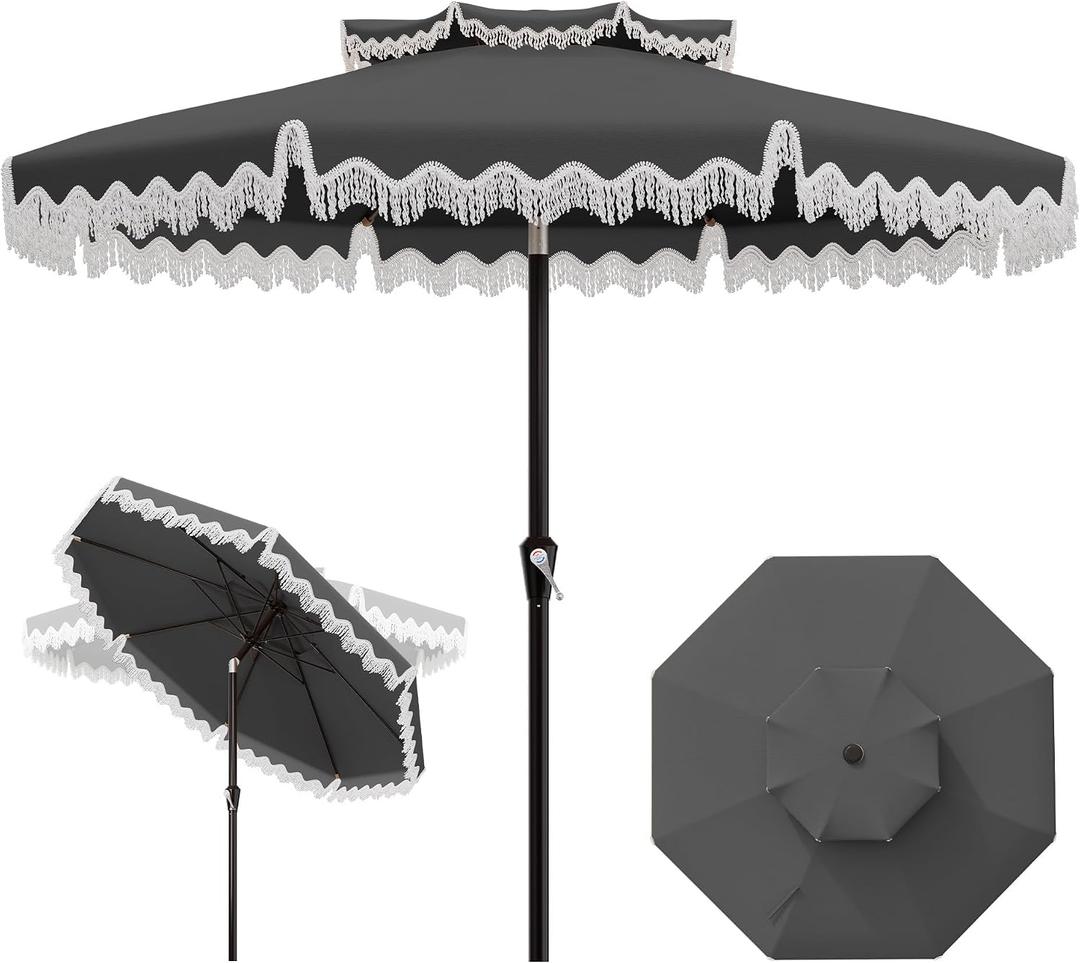 AreShark 9FT Patio Umbrella with Fringe, Wind-Resistant Fiberglass 8 Ribs Tassel Outdoor Umbrella with Crank and Push Button Tilt, Double Tier Vent Sun Shade for Pool, Deck, Backyard, Gray
