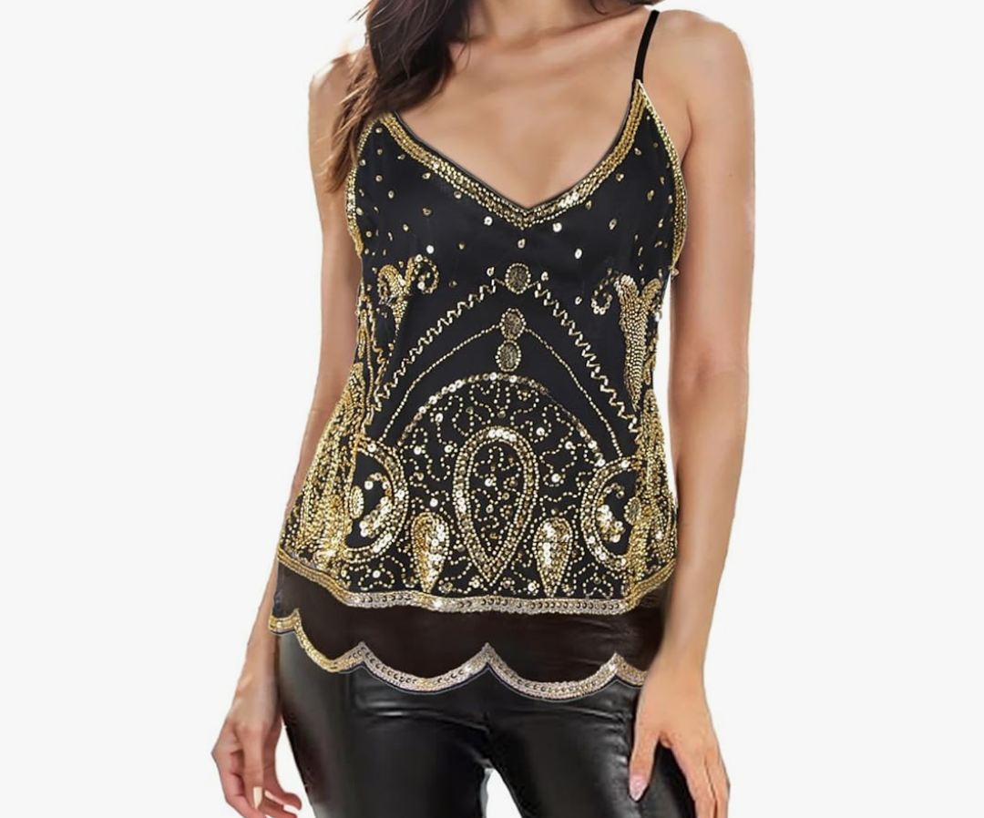 Vijiv Women's 1920s Inspired Beaded Sequin Top Shimmer Glitter Blouse V Neck Tank Top Formal Gatsby Shirt , Size 4-6