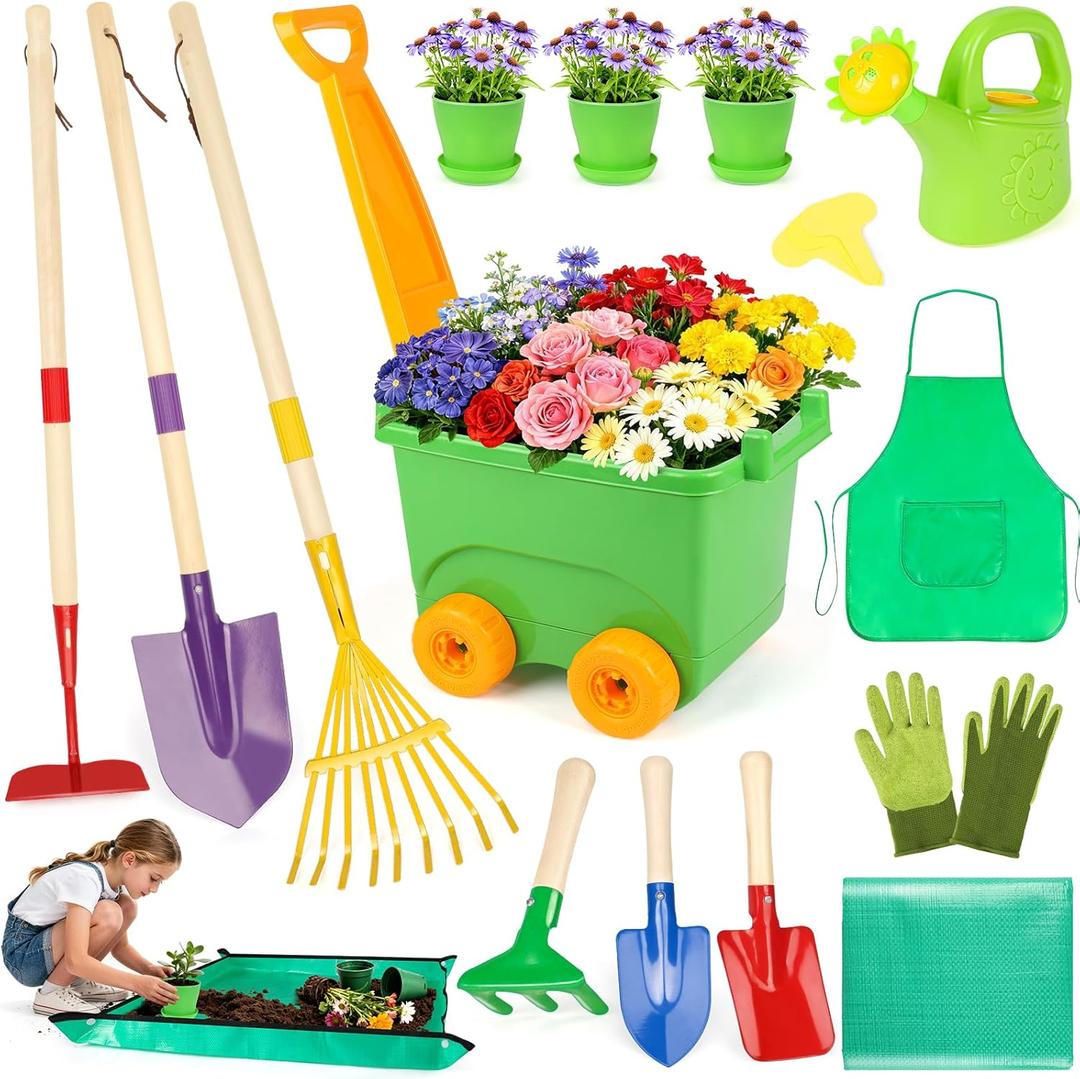Kids Gardening Set, Outdoor Toys with Wheelbarrow and Kids Garden Tools, Toddler Gardening Set with Repotting mat, Gloves, Apron, Watering Can, Pretend Play Learning Toys for Kids Boys and Girls 3-8