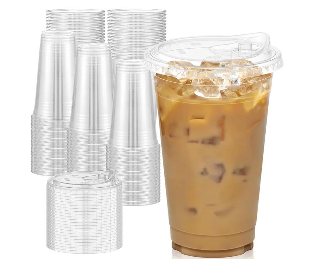 100 Pack - 20 oz Clear Plastic Cups with Lids, Sturdy & Food Safe Iced Coffee Cups with lids, Disposable Plastic Smoothie Cups for Cold Drinks, Sip Lids
