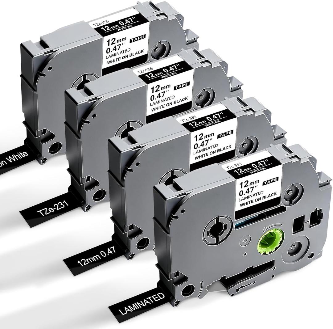 Tze-335 TZe335 Black Label Maker Tape Compatible with Brother P Touch Label Tape TZ TZe 12mm 0.47 Laminated with P Touch PT-H110 PT-D210 PT-D400 PT-D600,White on Black 4-Pack